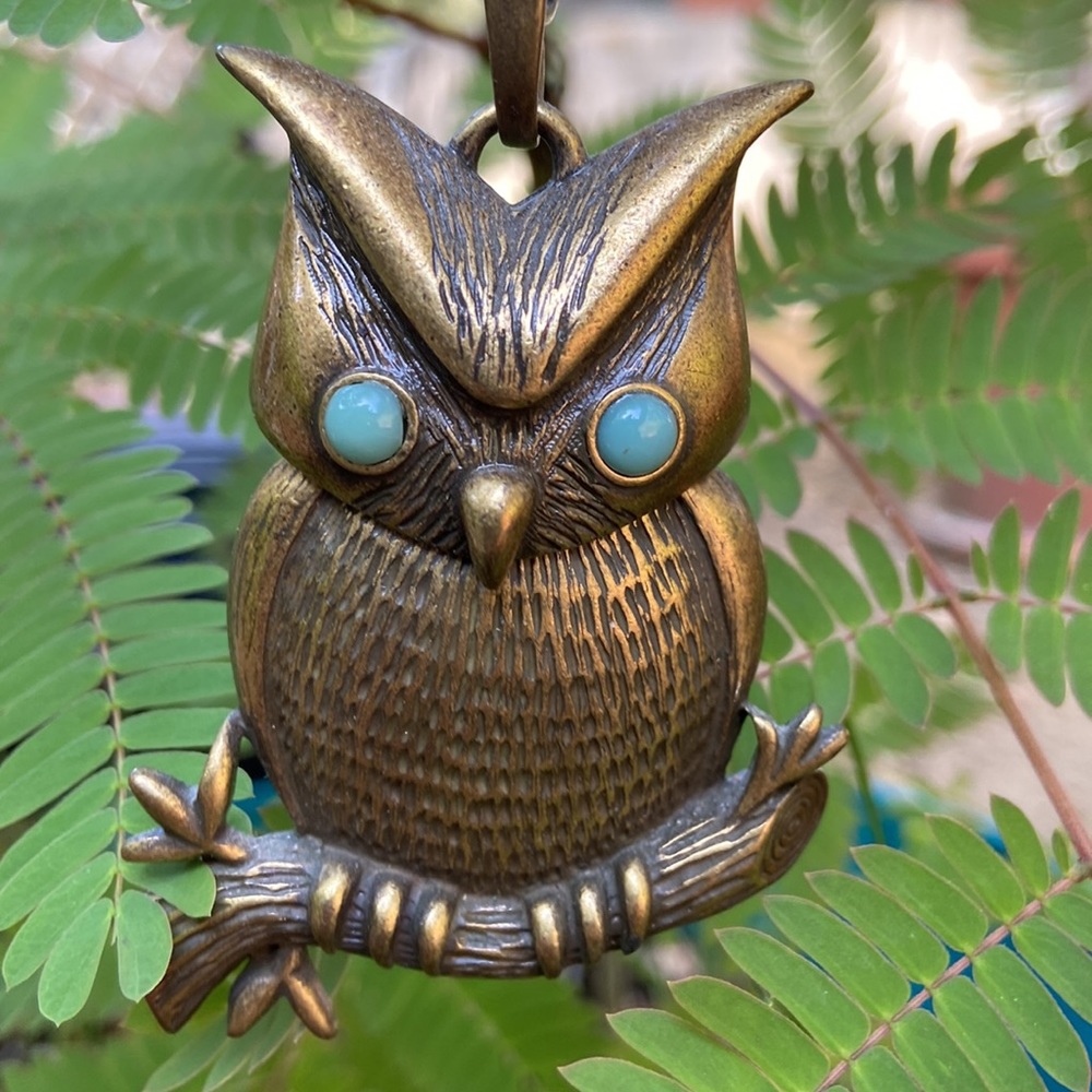 Lucky Brand Owl 🦉 Teal Eyes Athena Wisdom Brassy Necklace ca 2007